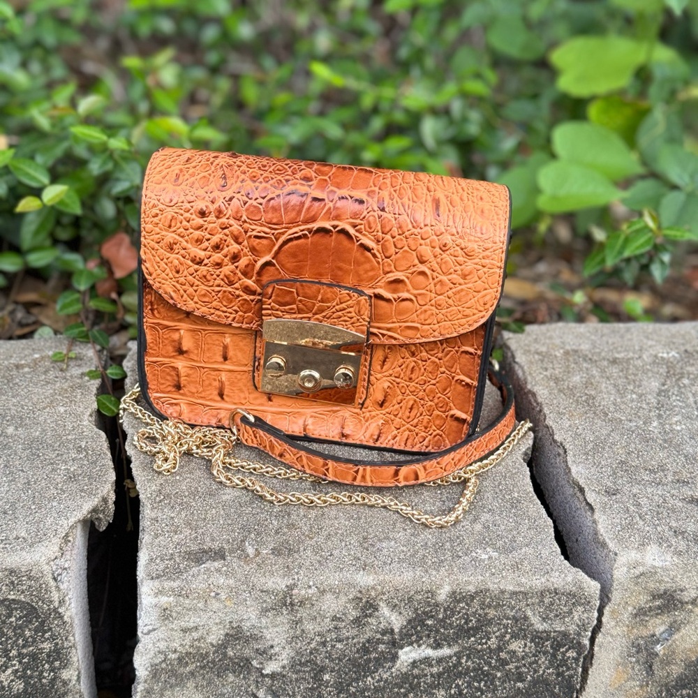 Tan and Gold Floral Embossed Crossbody Bag